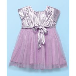 Babyhug Woven Cap Sleeves Mesh Dress with Bow Applique & Foil Print - Lavender