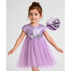 Babyhug Woven Cap Sleeves Mesh Dress with Bow Applique & Foil Print - Lavender