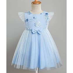 Babyhug Woven Frill Sleeves Glitter Mesh Dress with Bow Applique & Floral Embroidery - Light Blue