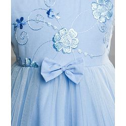 Babyhug Woven Frill Sleeves Glitter Mesh Dress with Bow Applique & Floral Embroidery - Light Blue