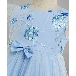 Babyhug Woven Frill Sleeves Glitter Mesh Dress with Bow Applique & Floral Embroidery - Light Blue
