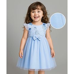 Babyhug Woven Frill Sleeves Glitter Mesh Dress with Bow Applique & Floral Embroidery - Light Blue