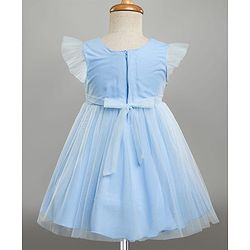 Babyhug Woven Frill Sleeves Glitter Mesh Dress with Bow Applique & Floral Embroidery - Light Blue