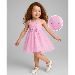 Babyhug Woven Sleeveless Dress with Bow Applique & Foil Print - Pink
