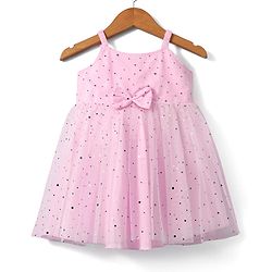 Babyhug Woven Sleeveless Dress with Bow Applique & Foil Print - Pink