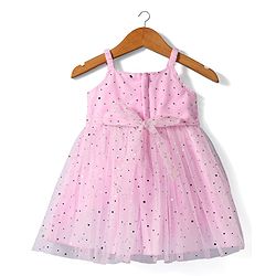 Babyhug Woven Sleeveless Dress with Bow Applique & Foil Print - Pink