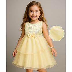 Babyhug Woven Sleeveless Party Dress with Floral & Bow Applique - Yellow