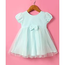 Babyhug Woven Half Puffed Sleeves Mesh Dress with Bow Applique - Mint