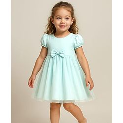 Babyhug Woven Half Puffed Sleeves Mesh Dress with Bow Applique - Mint