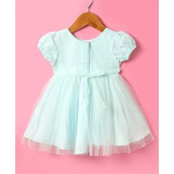 Babyhug Woven Half Puffed Sleeves Mesh Dress with Bow Applique - Mint