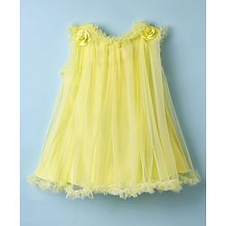 Babyhug Woven Sleeveless Mesh Party Dress With Floral Applique - Yellow