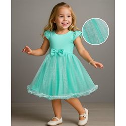Babyhug Woven Cap Sleeves Party Dress With Bow Applique - Aqua Blue