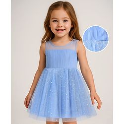 Babyhug Woven Sleeveless Mesh Dress with Foil Print - Light Blue