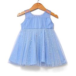 Babyhug Woven Sleeveless Mesh Dress with Foil Print - Light Blue