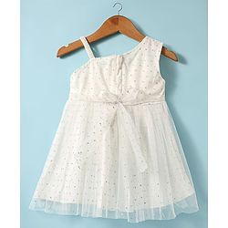 Babyhug Woven Sleeveless Mesh Dress with Bow Applique & Foil Print - White