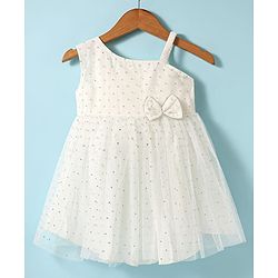 Babyhug Woven Sleeveless Mesh Dress with Bow Applique & Foil Print - White