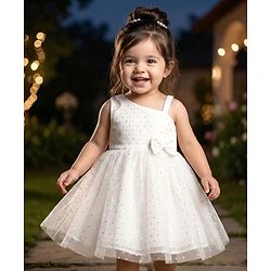 Babyhug Woven Sleeveless Mesh Dress with Bow Applique & Foil Print - White