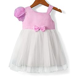 Babyhug Woven Sleeveless Mesh Dress with Bow Applique - Pink & White