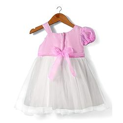 Babyhug Woven Sleeveless Mesh Dress with Bow Applique - Pink & White