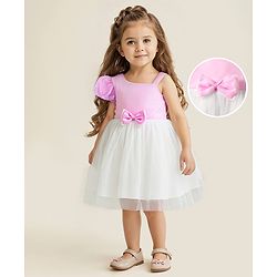 Babyhug Woven Sleeveless Mesh Dress with Bow Applique - Pink & White