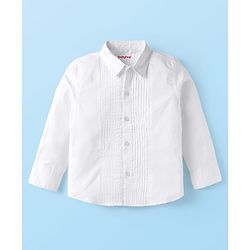 Babyhug Woven Full Sleeves Solid Color Pleated Shirt & Trouser Set with Bow & Suspender - White & Green