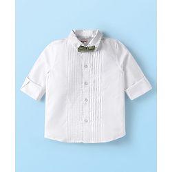 Babyhug Woven Full Sleeves Solid Color Pleated Shirt & Trouser Set with Bow & Suspender - White & Green