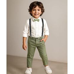Babyhug Woven Full Sleeves Solid Color Pleated Shirt & Trouser Set with Bow & Suspender - White & Green