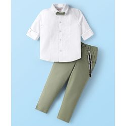 Babyhug Woven Full Sleeves Solid Color Pleated Shirt & Trouser Set with Bow & Suspender - White & Green
