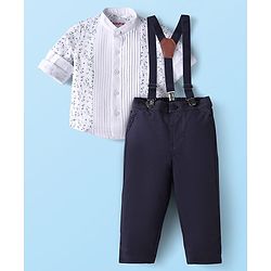 Babyhug Woven Full Sleeves Floral Printed Shirt & Trouser Set with Suspender - White & Navy Blue