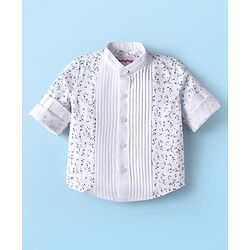 Babyhug Woven Full Sleeves Floral Printed Shirt & Trouser Set with Suspender - White & Navy Blue