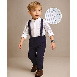 Babyhug Woven Full Sleeves Floral Printed Shirt & Trouser Set with Suspender - White & Navy Blue