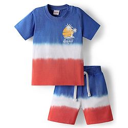 Babyhug Terry Knit Half Sleeves T-Shirt and Shorts Co-Ord Set with Ombre & Hawai Text Print - Navy Blue & Red