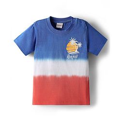 Babyhug Terry Knit Half Sleeves T-Shirt and Shorts Co-Ord Set with Ombre & Hawai Text Print - Navy Blue & Red