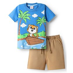 Babyhug Single Jersey Knit Half Sleeves T-Shirt & Shorts Set With Tiger Print - Blue & Brown