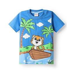 Babyhug Single Jersey Knit Half Sleeves T-Shirt & Shorts Set With Tiger Print - Blue & Brown