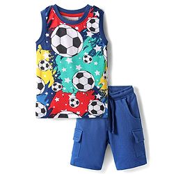 Babyhug Single Jersey Knit Sleeveless Tank T-Shirt & Shorts Set With Football Print - Navy Blue