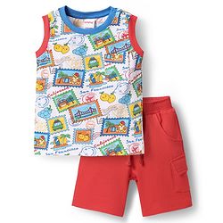 Babyhug Single Jersey Knit Sleeveless Tank T-Shirt & Shorts Set With Beach Theme & Fruit Print - White & Red