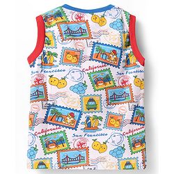 Babyhug Single Jersey Knit Sleeveless Tank T-Shirt & Shorts Set With Beach Theme & Fruit Print - White & Red