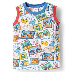 Babyhug Single Jersey Knit Sleeveless Tank T-Shirt & Shorts Set With Beach Theme & Fruit Print - White & Red