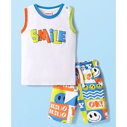 Babyhug Single Jersey Knit Sleeveless Tank T-Shirt & Shorts Set With Smiley Print - White