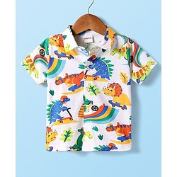 Babyhug Single Jersey Knit Half Sleeves Shirt & Shorts Set With Dino Print & Suspender - White & Blue