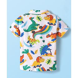 Babyhug Single Jersey Knit Half Sleeves Shirt & Shorts Set With Dino Print & Suspender - White & Blue