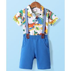 Babyhug Single Jersey Knit Half Sleeves Shirt & Shorts Set With Dino Print & Suspender - White & Blue