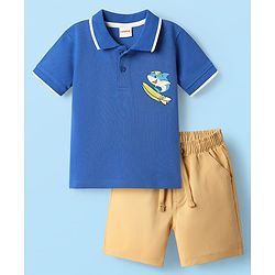 Babyhug Single Jersey Knit Half Sleeves Polo T-Shirt & Shorts Set With Shark Print - Blue & Beige