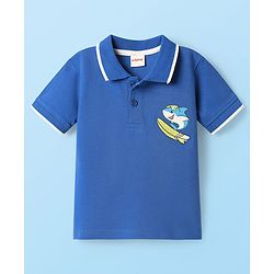 Babyhug Single Jersey Knit Half Sleeves Polo T-Shirt & Shorts Set With Shark Print - Blue & Beige