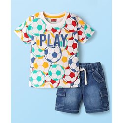 Babyhug Single Jersey Knit Half Sleeves T-Shirt & Denim Shorts Set With Football Print - White & Blue