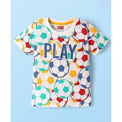 Babyhug Single Jersey Knit Half Sleeves T-Shirt & Denim Shorts Set With Football Print - White & Blue