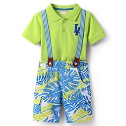 Babyhug Single Jersey Knit Half Sleeves T-Shirt & Shorts Set with Tropical Theme Print & Suspender - Limegreen