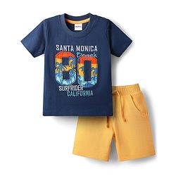 Babyhug Single Jersey Knit Half Sleeves T-Shirt & Shorts Set With Sport Theme Print - Navy Blue & Yellow