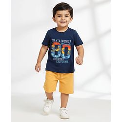 Babyhug Single Jersey Knit Half Sleeves T-Shirt & Shorts Set With Sport Theme Print - Navy Blue & Yellow